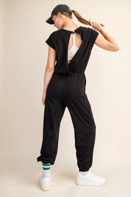 Cotton Lycra Open Back Jumpsuit Black