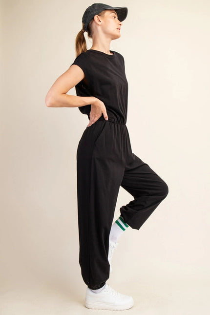 Cotton Lycra Open Back Jumpsuit Black