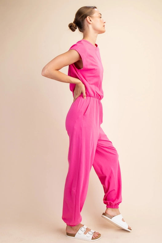 Cotton Lycra Open Back Jumpsuit Hot Pink