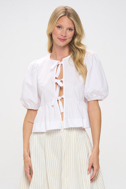 Cotton Puff Sleeve Top with Front Tie Detail-1