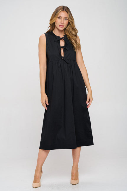 Cotton Sleeveless Midi Dress with Front Tie Detail-1