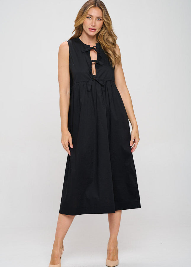 Cotton Sleeveless Midi Dress with Front Tie Detail-1