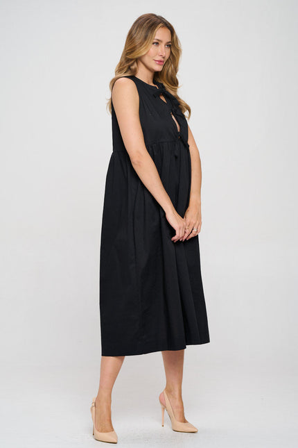 Cotton Sleeveless Midi Dress with Front Tie Detail-2