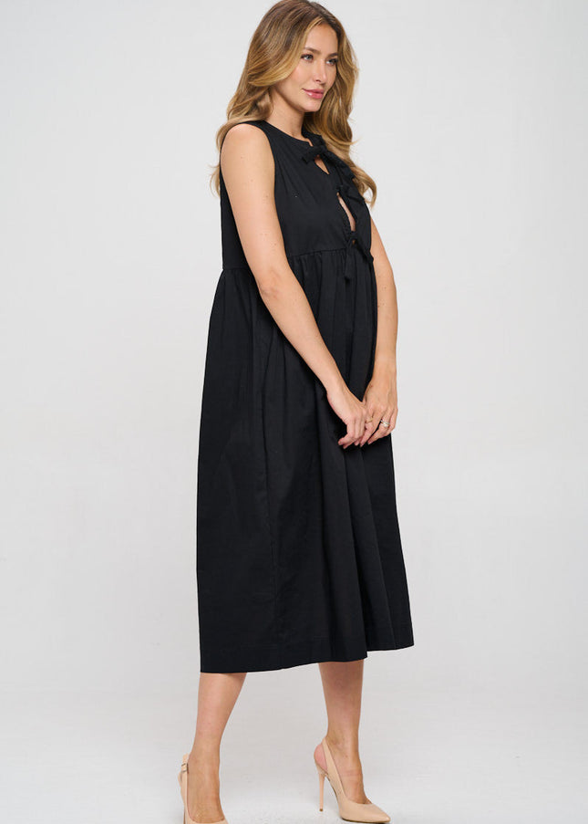 Cotton Sleeveless Midi Dress with Front Tie Detail-2