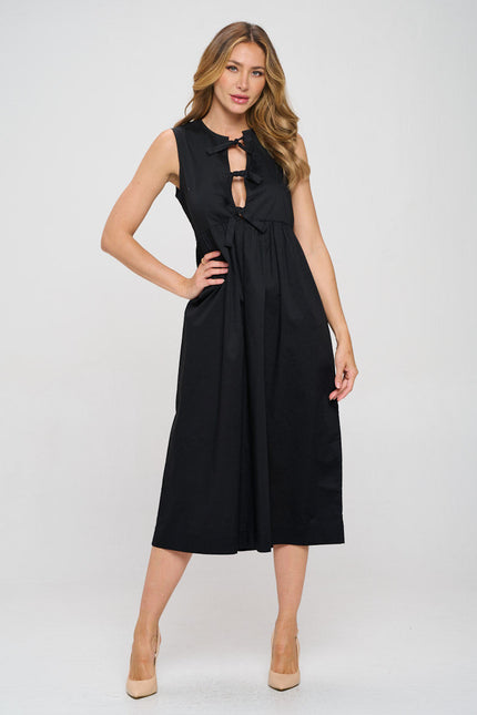 Cotton Sleeveless Midi Dress with Front Tie Detail-3