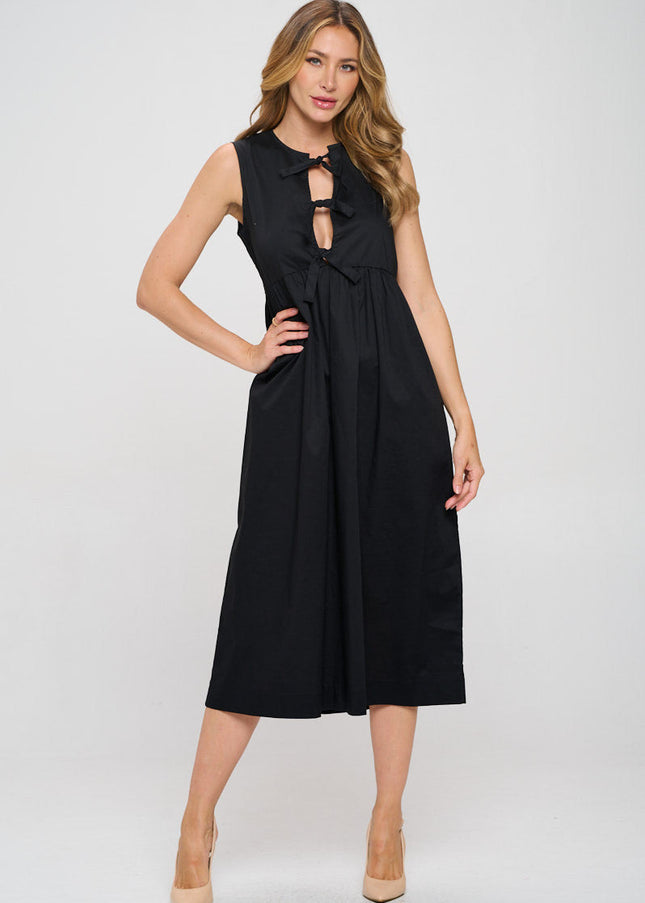 Cotton Sleeveless Midi Dress with Front Tie Detail-3