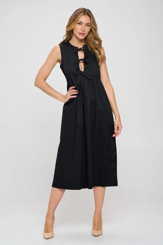 Cotton Sleeveless Midi Dress with Front Tie