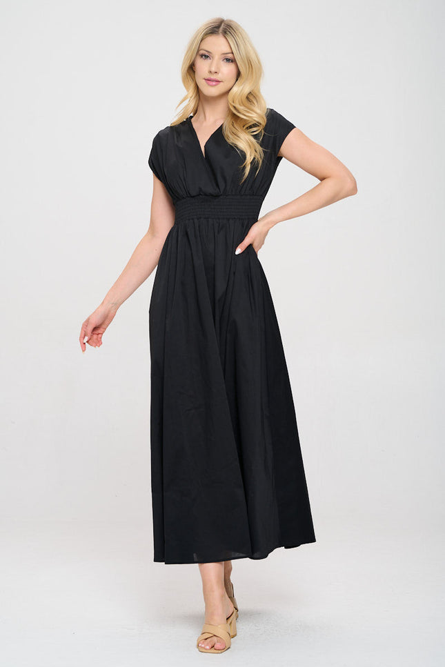 Cotton Solid V neck Maxi Dress with Smock Waist-1