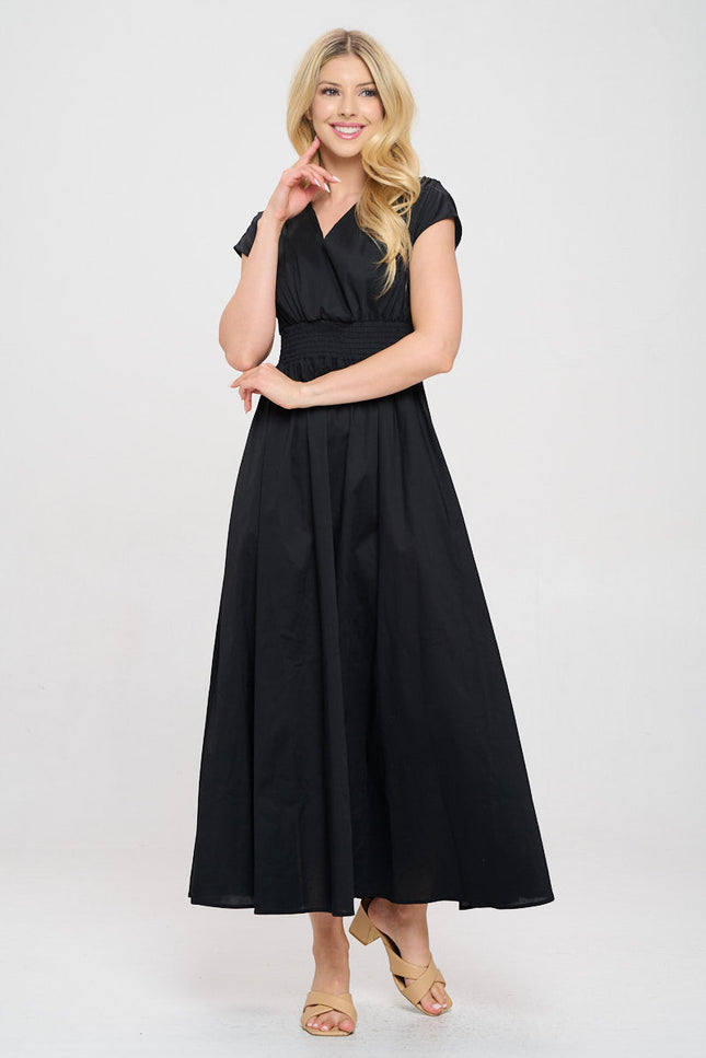 Cotton Solid V neck Maxi Dress with Smock Waist-2