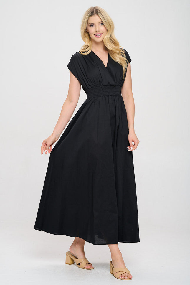 Cotton Solid V neck Maxi Dress with Smock Waist-3