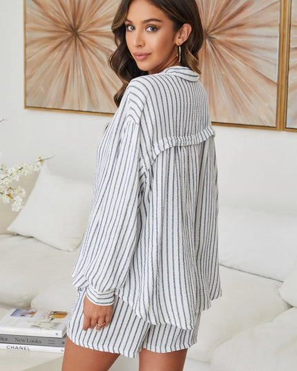 Cotton Striped Button-Down Top STRIPED-BLUE