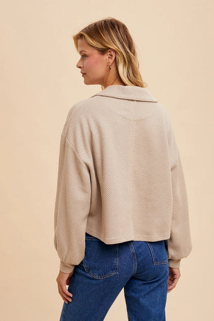 Cotton Thermal Cropped Half Zip Pullover Beige