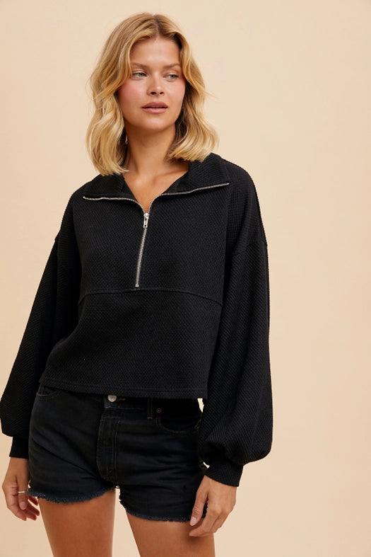 Cotton Thermal Cropped Half Zip Pullover Black