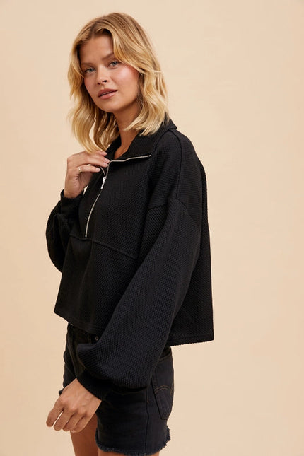 Cotton Thermal Cropped Half Zip Pullover Black