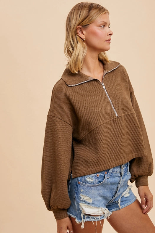 Cotton Thermal Cropped Half Zip Pullover LATTE