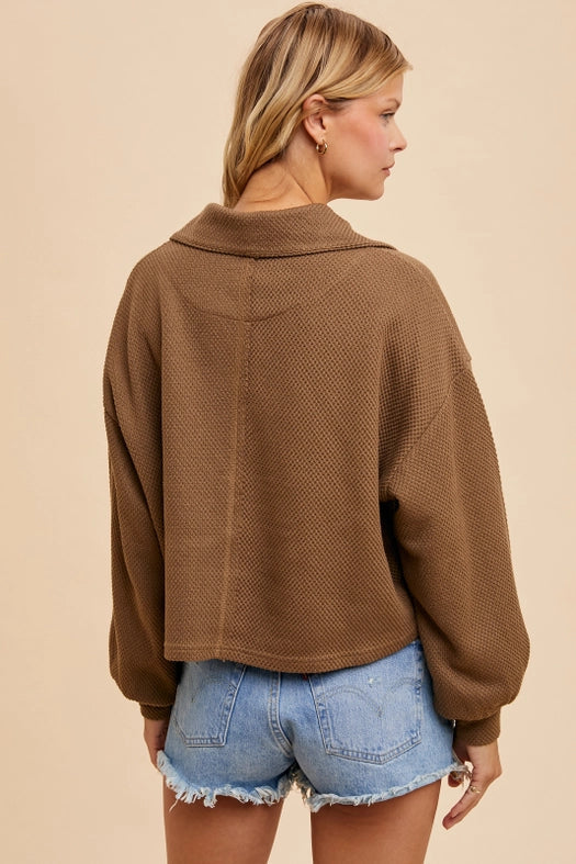 Cotton Thermal Cropped Half Zip Pullover LATTE