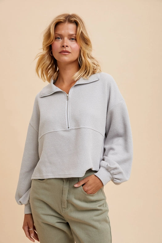 Cotton Thermal Cropped Half Zip Pullover Silver