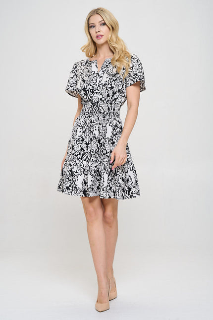 Cotton V neck Tiered Dress with Smock Waist-3