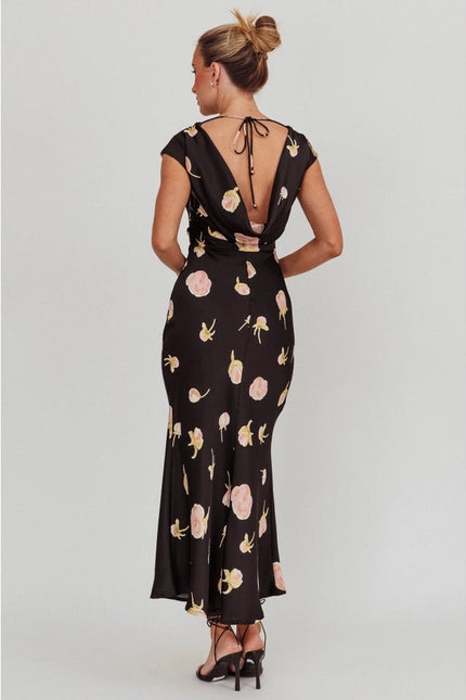 Cowl Back Floral Print Maxi Dress