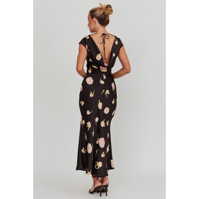 Cowl Back Floral Print Maxi Dress