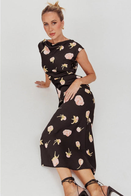 Cowl Back Floral Print Maxi Dress