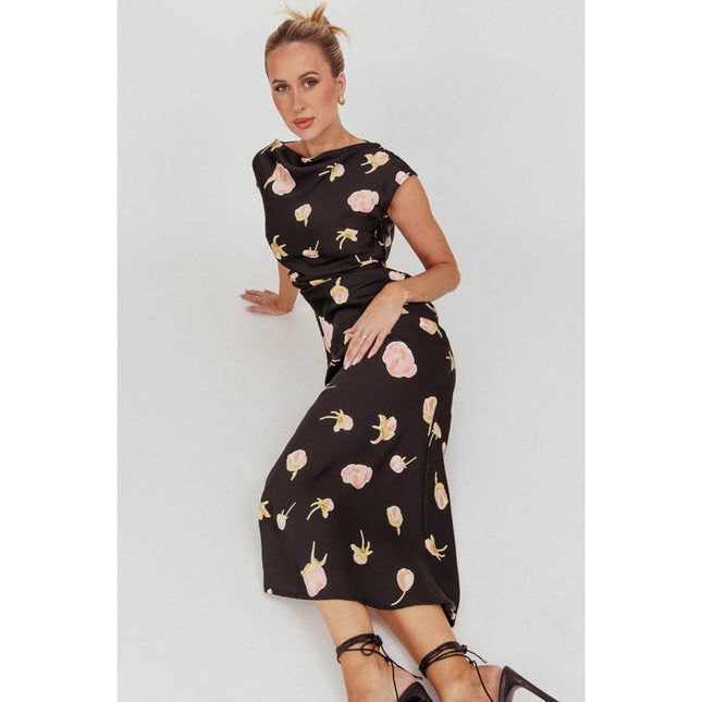 Cowl Back Floral Print Maxi Dress