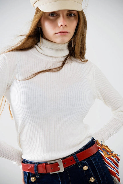 Cream Basic Ribbed Sweater with High Neck