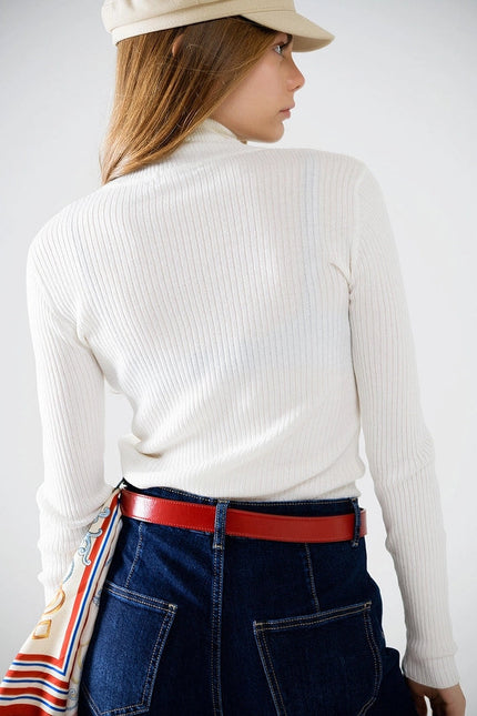 Cream Basic Ribbed Sweater with High Neck