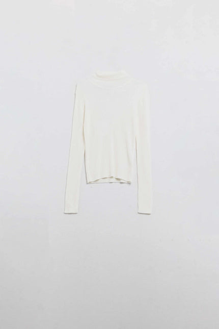 Cream Basic Ribbed Sweater with High Neck