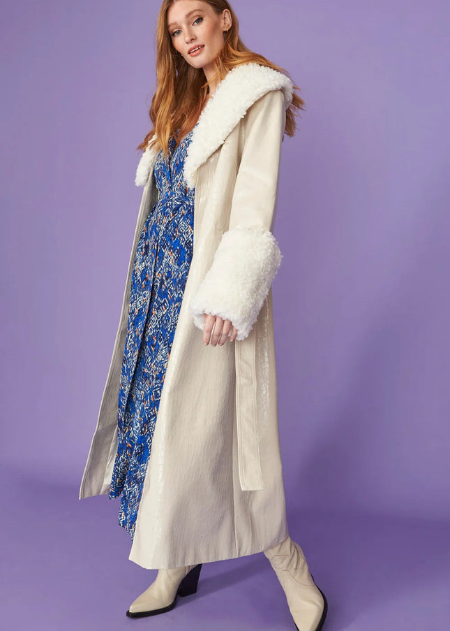 Cream Faux Leather Trench Coat with Detachable Faux Mongolian Collar and Cuffs-2