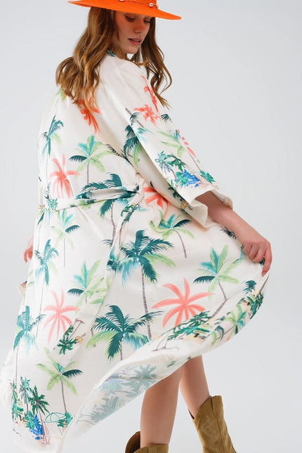 Cream Open Kimono with Beach Print in Midi Length