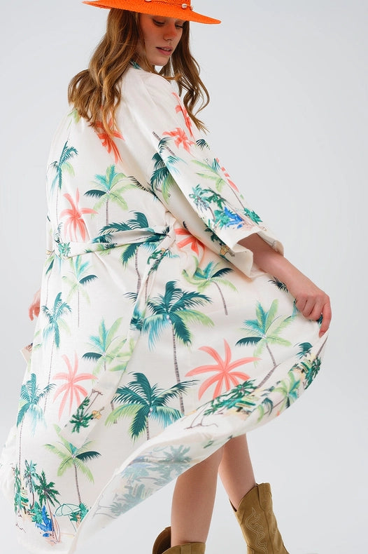 Cream Open Kimono with Beach Print in Midi Length