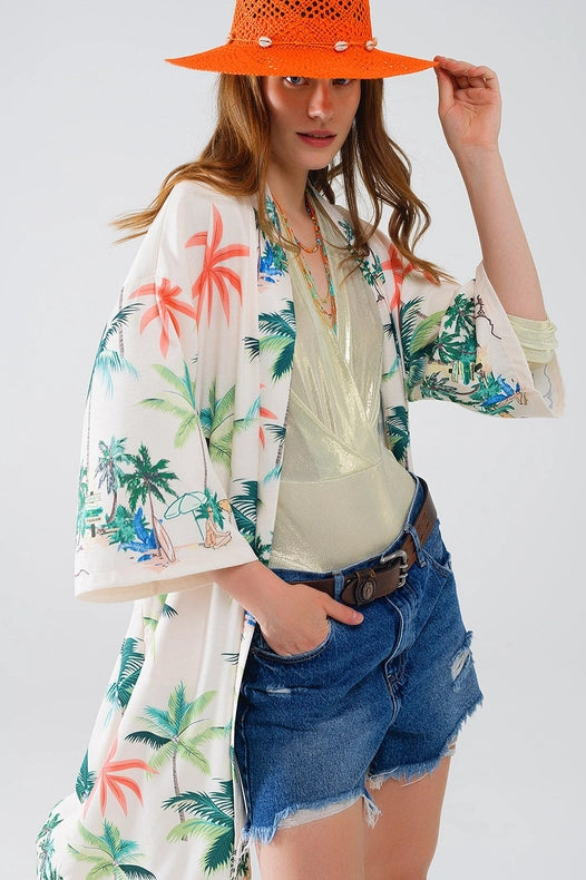 Cream Open Kimono with Beach Print in Midi Length