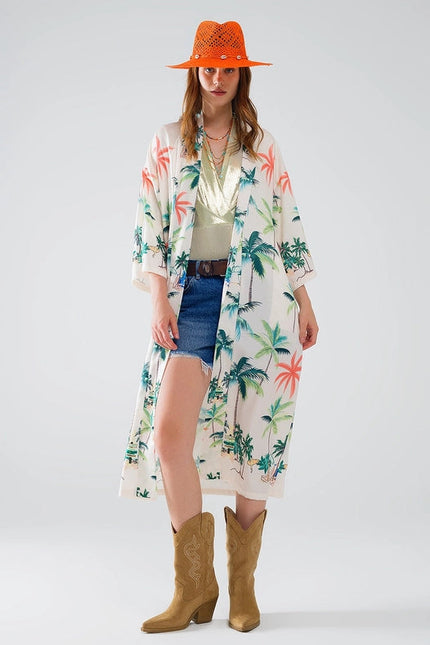 Cream Open Kimono with Beach Print in Midi Length