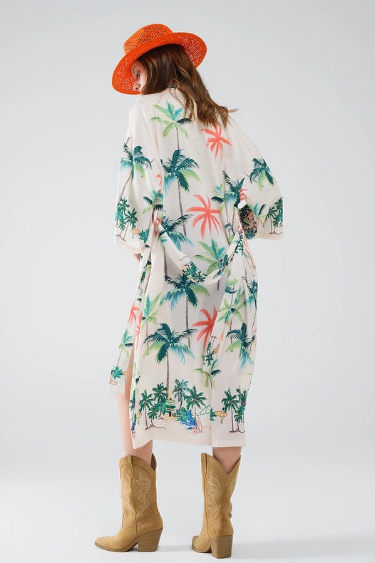 Cream Open Kimono with Beach Print in Midi Length