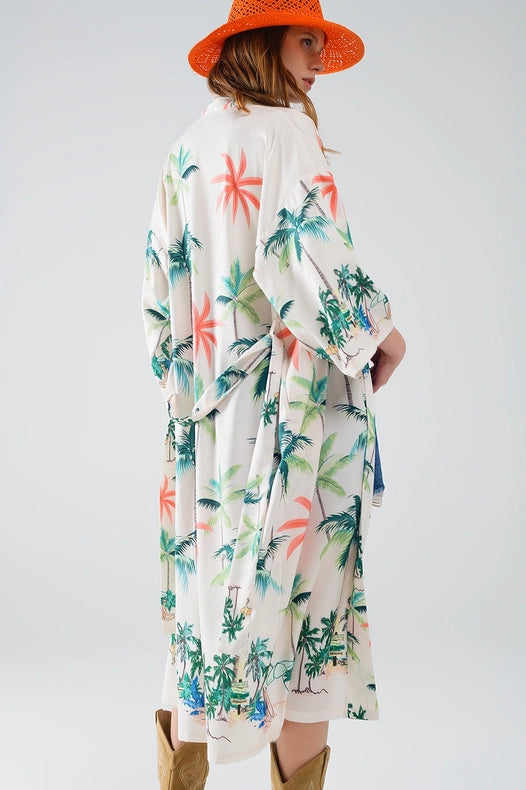 Cream Open Kimono with Beach Print in Midi Length