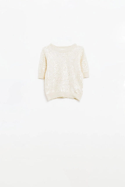 Cream Short Sleeve Sequin Sweater