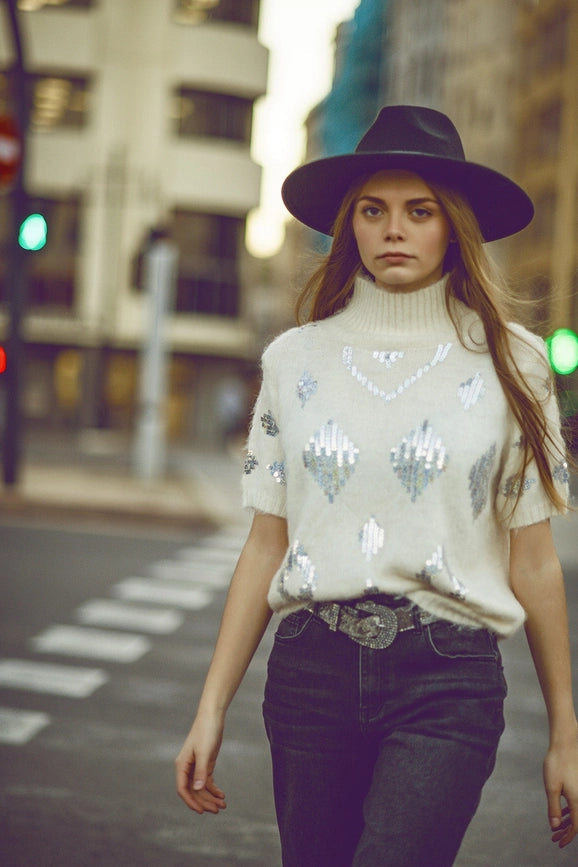 Cream Short Sleeve Sweater with Sequin Embellishment