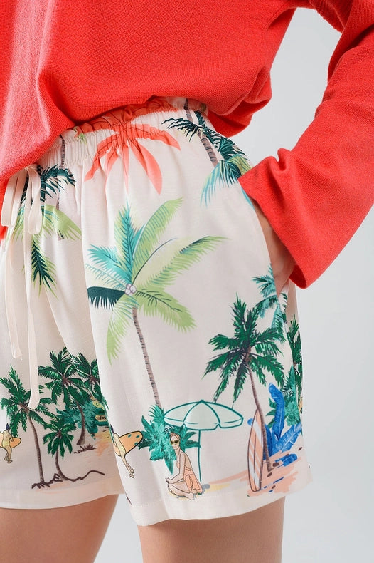 Cream Shorts with Beach Print and Elastic Waist