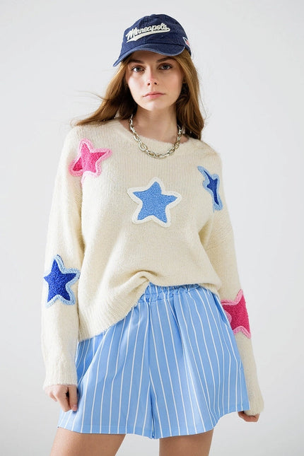 Cream Sweater with Embroidered Stars