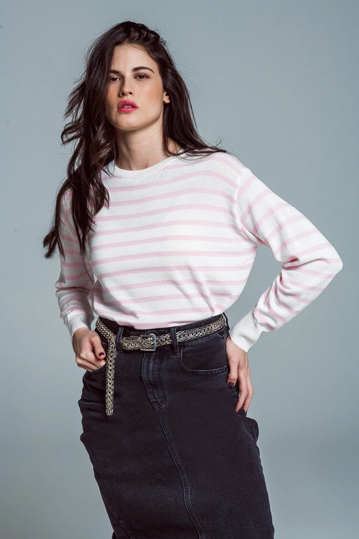 Crew Neck Basic Stripe Sweater in Pink