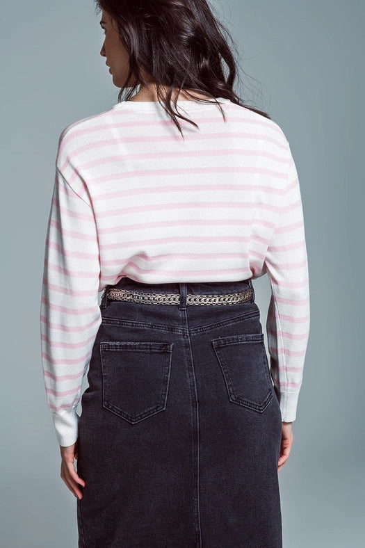 Crew Neck Basic Stripe Sweater in Pink