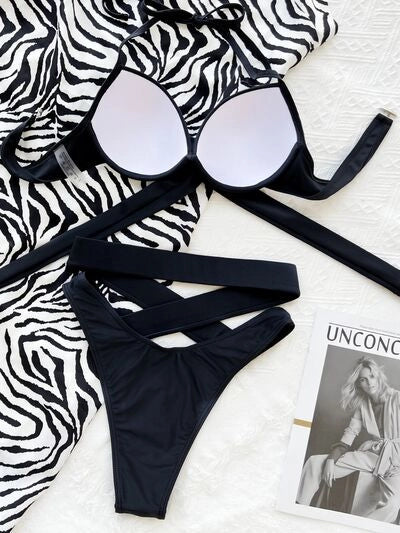 Crisscross Halter Neck Bikini Set Black-Set-Blak Wardrob-Urbanheer