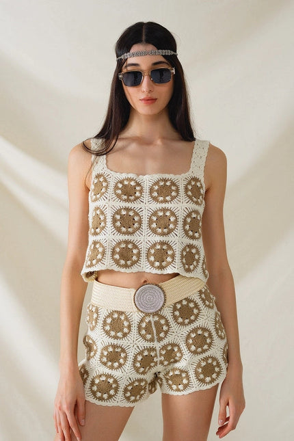 Crochet Crop Top with Circle Pattern in Beige