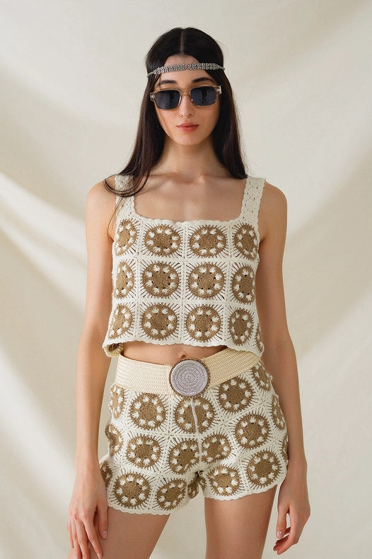 Crochet Crop Top with Circle Pattern in Beige