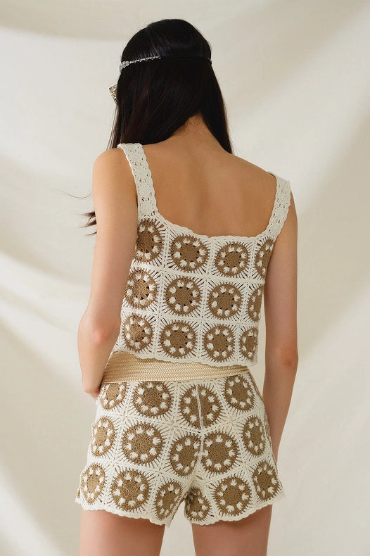 Crochet Crop Top with Circle Pattern in Beige