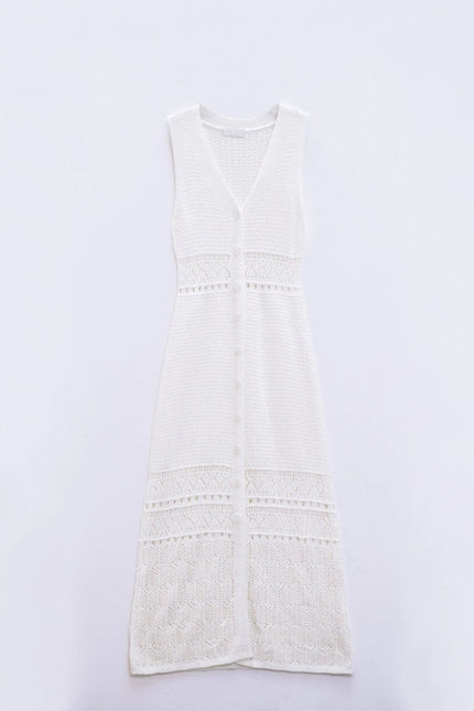 Crochet Maxi Vest with Button Closure in White