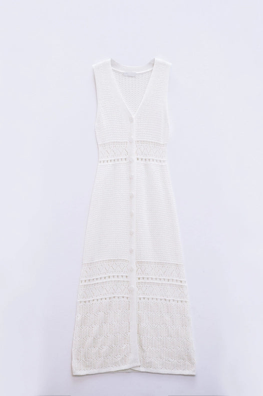 Crochet Maxi Vest with Button Closure in White