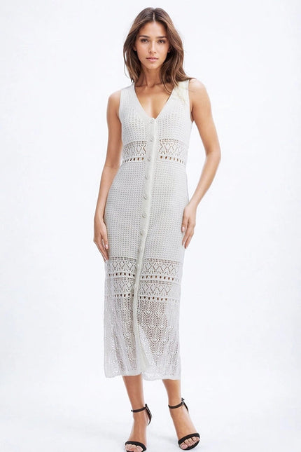 Crochet Maxi Vest with Button Closure in White