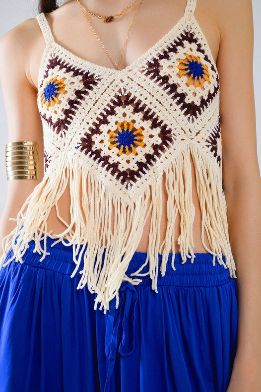 Crochet Top with Fringe Ends in Cream